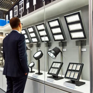 Professional businessperson examining a lineup of industrial-style LED streetlights and outdoor lighting fixtures in a modern showroom. The display includes various sizes and configurations, with multiple LED modules designed for energy-efficient street lighting solutions