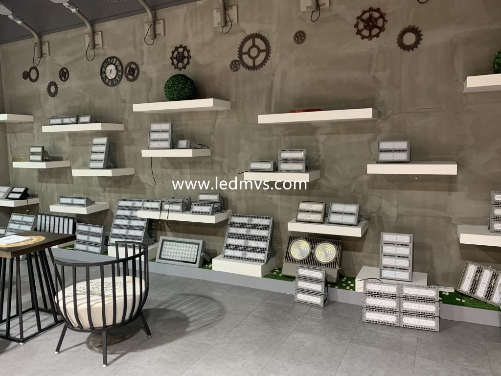 A professionally designed showroom at MVS displays a wide range of modular LED floodlights and streetlights. Each product is engineered with premium materials and advanced optical systems, reflecting the company’s commitment to delivering 5-year reliable outdoor lighting solutions for industrial and municipal projects.
