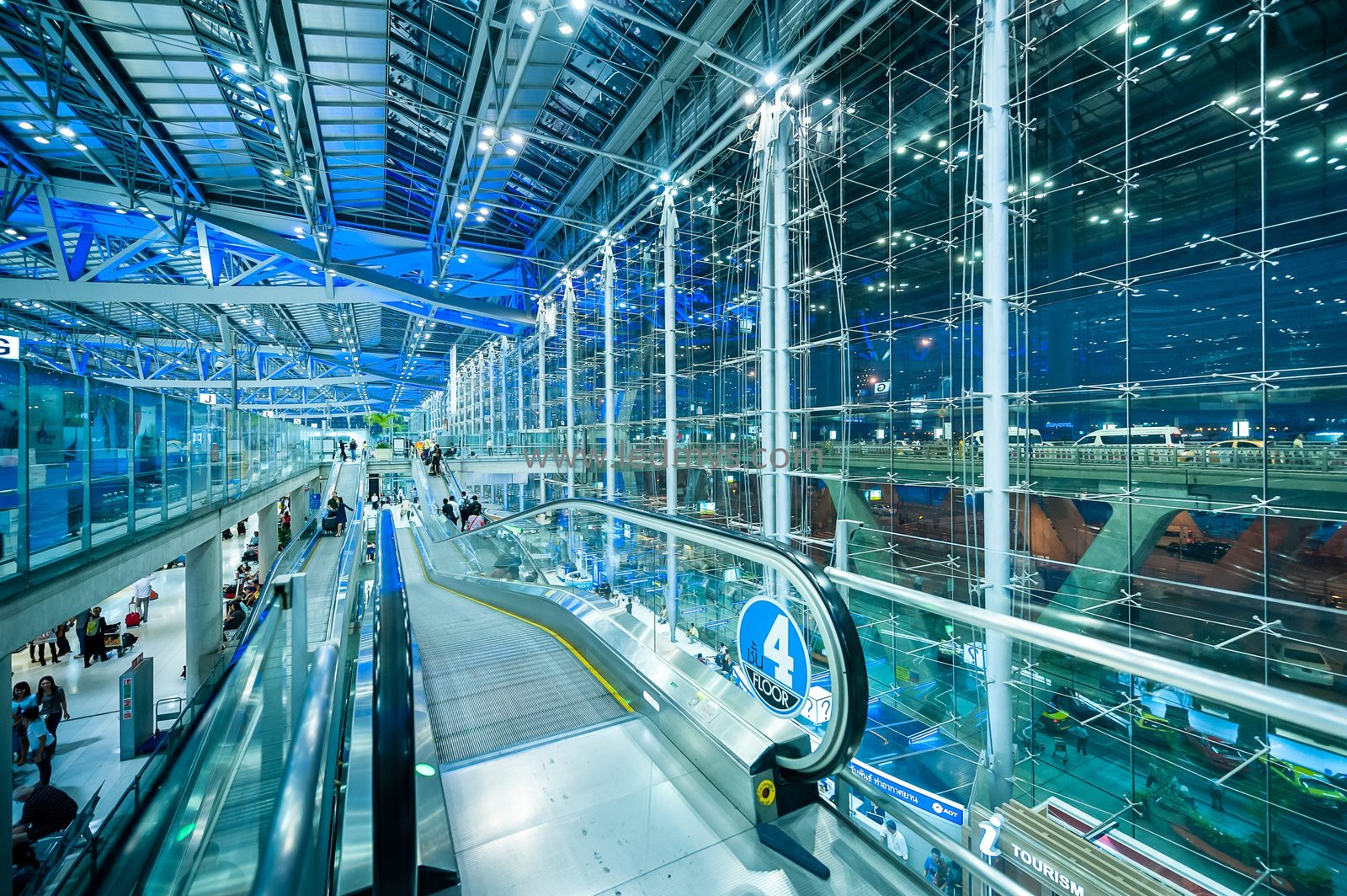 Airport terminal and logistics area illuminated by LED floodlights for night operations
