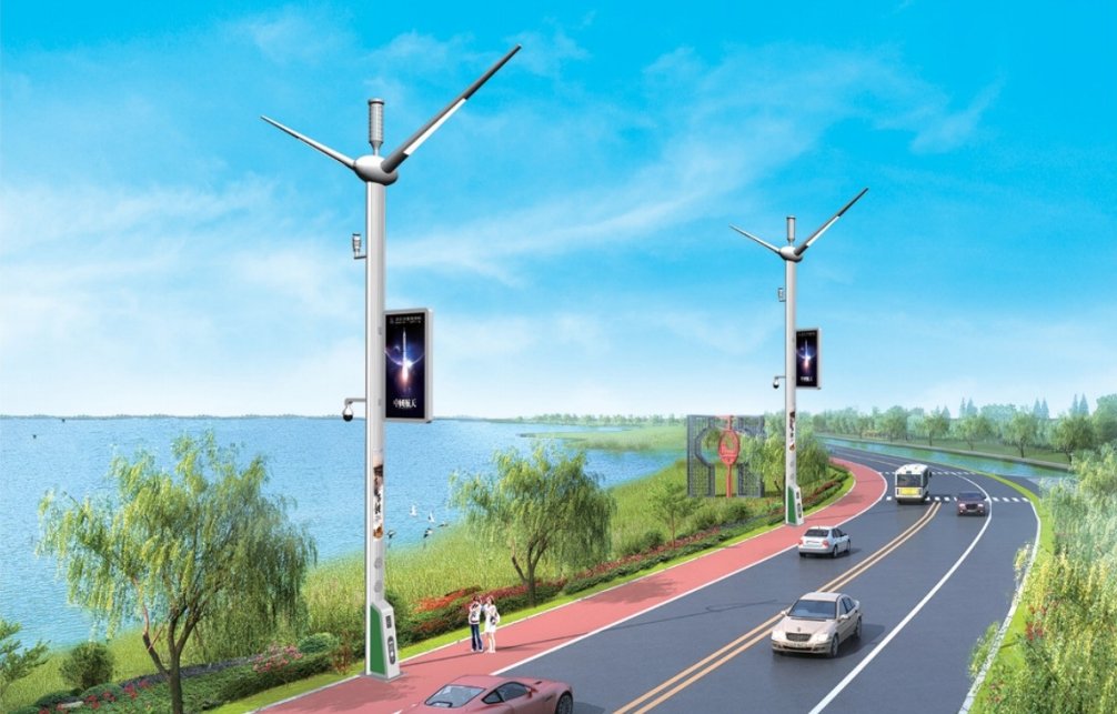 Innovative sustainable street lighting system with integrated wind turbines on a scenic lakeside road, featuring digital advertisement displays, promoting green energy in urban infrastructure.