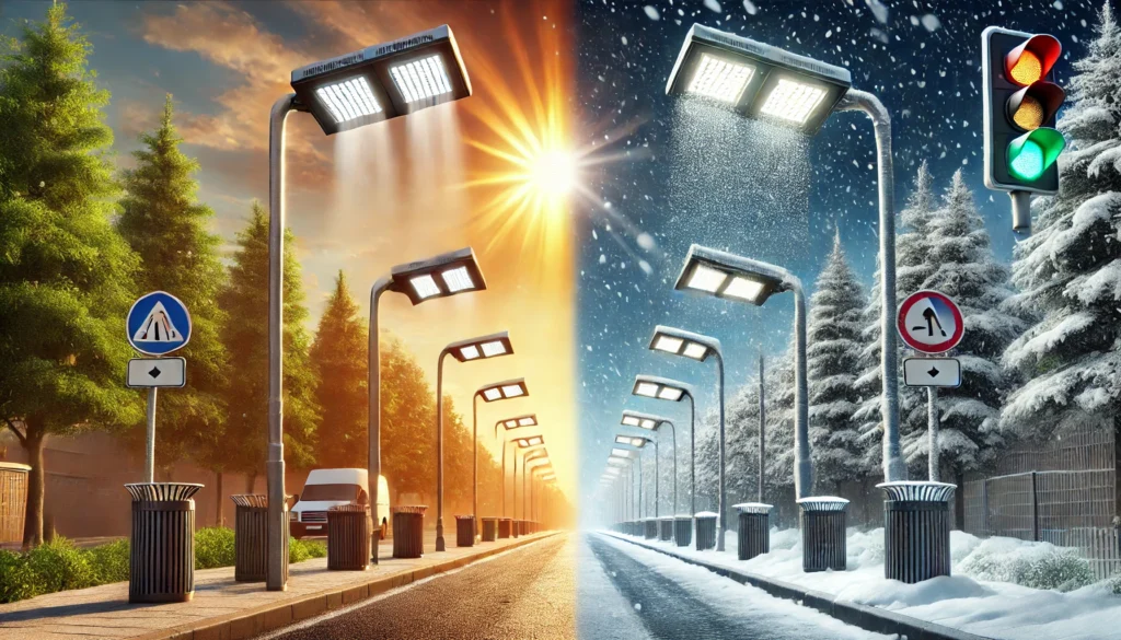 Modern LED streetlights in a dual-season setting, showcasing extreme weather resilience. The left side depicts a sunny summer day with glowing LED lights under a bright sun, while the right side features a snowy winter night with frost-covered streetlights and snowflakes, illustrating durability and reliable performance in varying climates.