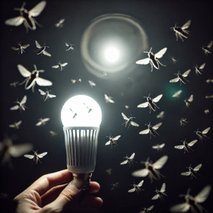 A hand holding an LED bulb surrounded by moths and flies flying toward the bright light in a dark environment, showcasing the attraction of insects to artificial light.