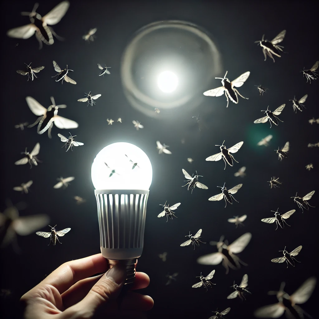 A hand holding an LED bulb surrounded by moths and flies flying toward the bright light in a dark environment, showcasing the attraction of insects to artificial light.