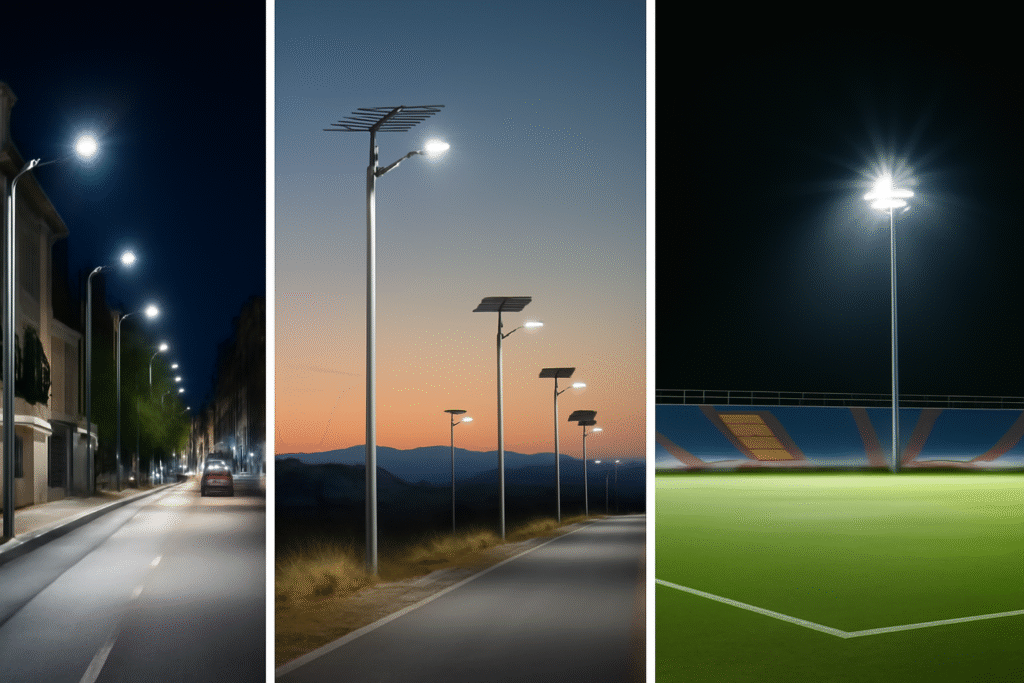 A composite image showing three different LED street lighting scenarios: city street lights at night, solar-powered street lights on a rural road at dusk, and high-mast floodlights illuminating a stadium at night.