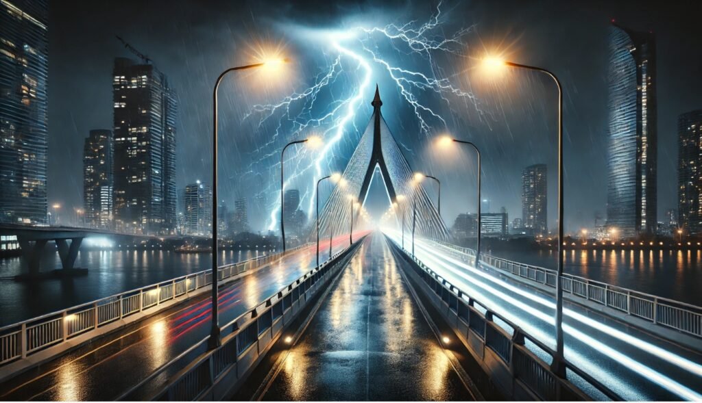A modern city bridge during a nighttime thunderstorm, with LED streetlights illuminating the wet road as a lightning bolt strikes nearby, highlighting the vulnerability of urban lighting infrastructure to lightning.