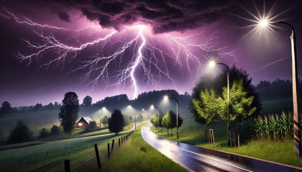 A vivid lightning bolt strikes through a purple night sky over a quiet countryside road, where modern LED streetlights illuminate the wet pavement and surrounding trees, highlighting the vulnerability of rural lighting infrastructure during storms.