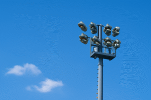 A tall floodlight tower against a bright blue sky with a few scattered clouds, showcasing the steel structure and multiple floodlights arranged on the platform.