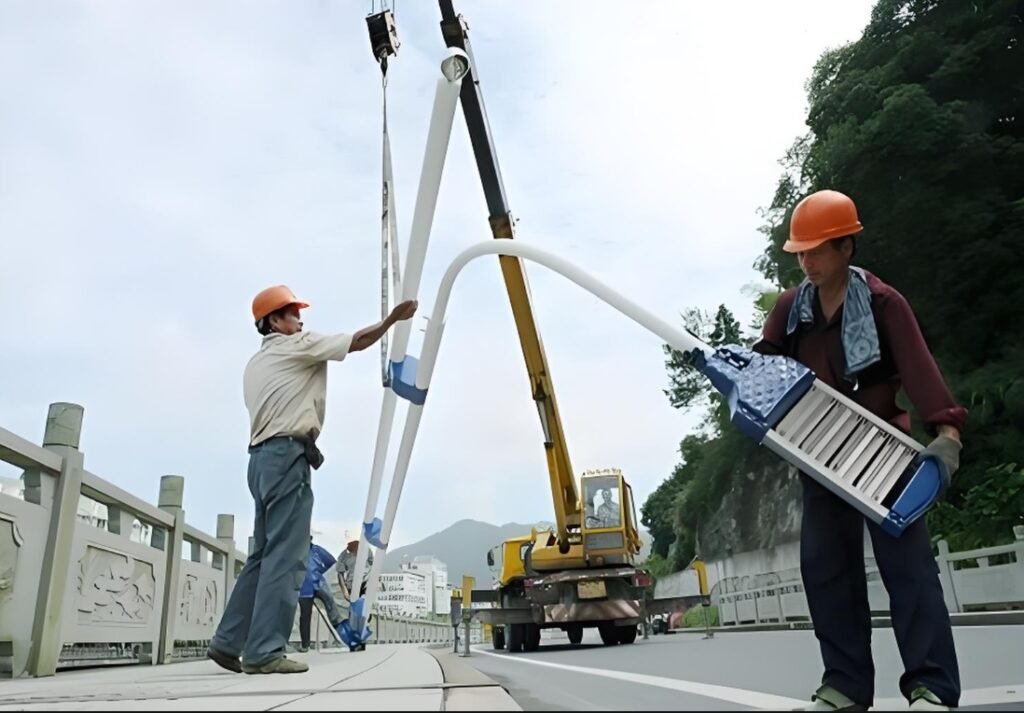 Two workers installing a large streetlight using a crane on a roadside, showcasing outdoor lighting maintenance and replacement