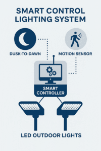 Diagram of a smart outdoor lighting system showing dusk-to-dawn sensor and motion sensor connected to a smart controller, which manages two LED outdoor lights.