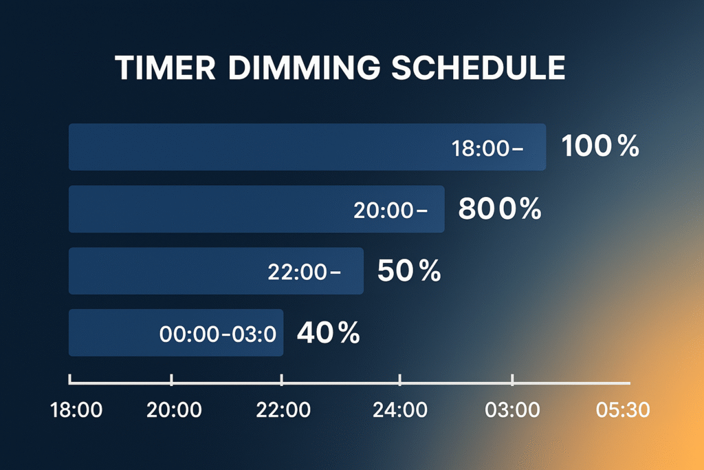5-stage timer dimming schedule chart for LED street lights from 18:00 to 05:30 showing brightness percentages at each time block