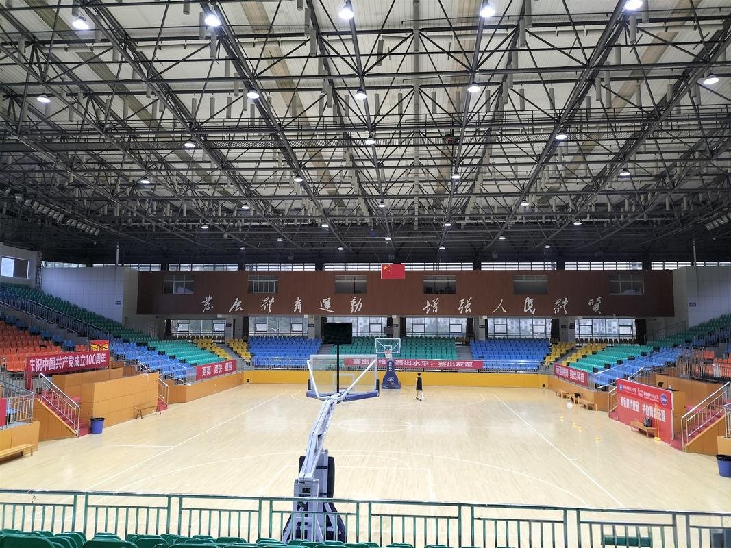 Indoor basketball court lighting with high-power LED floodlights providing uniform illumination for professional sports arena use