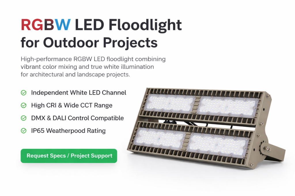 200W RGBW LED floodlight with dual-module design, aluminum housing, and adjustable mounting bracket, showing optical lens layout and robust structure for outdoor architectural and project lighting applications