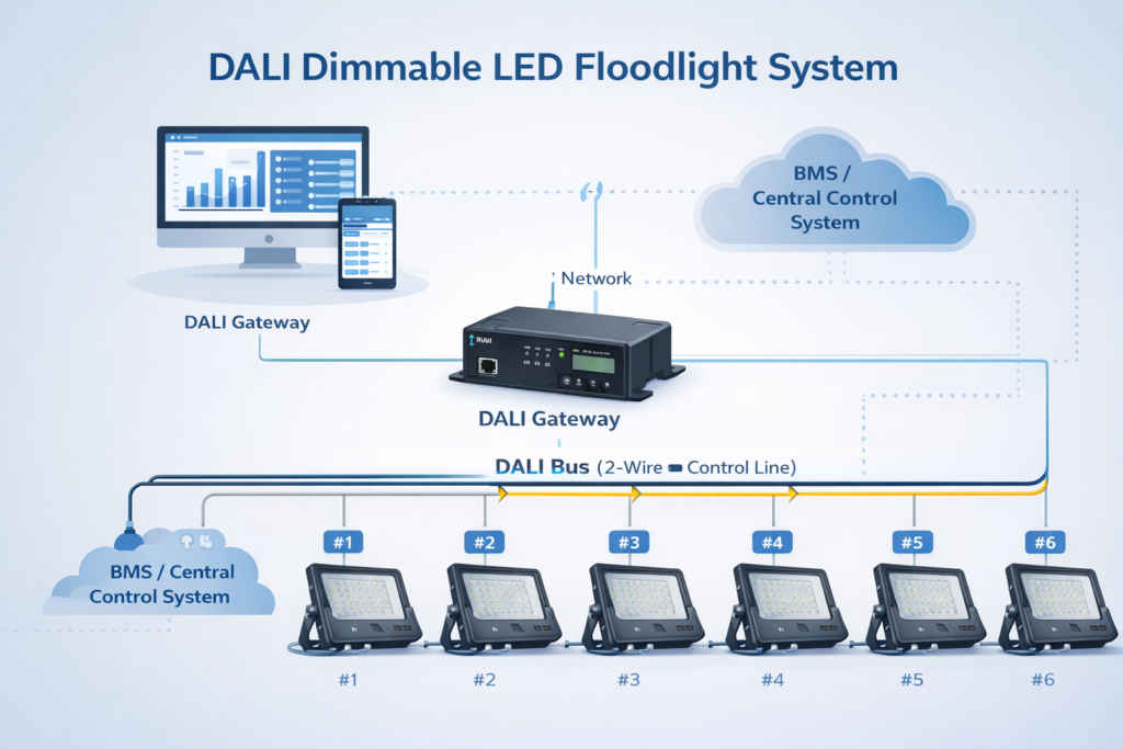 DALI dimmable LED floodlight system diagram showing DALI gateway, two-wire DALI bus, central control system, and individually addressable outdoor floodlights
