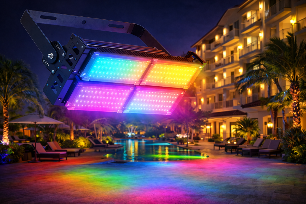 RGB LED floodlight illuminating an outdoor hotel facade and pool area at night, delivering vivid multicolor lighting effects with a durable black housing and adjustable bracket for architectural and landscape lighting applications.