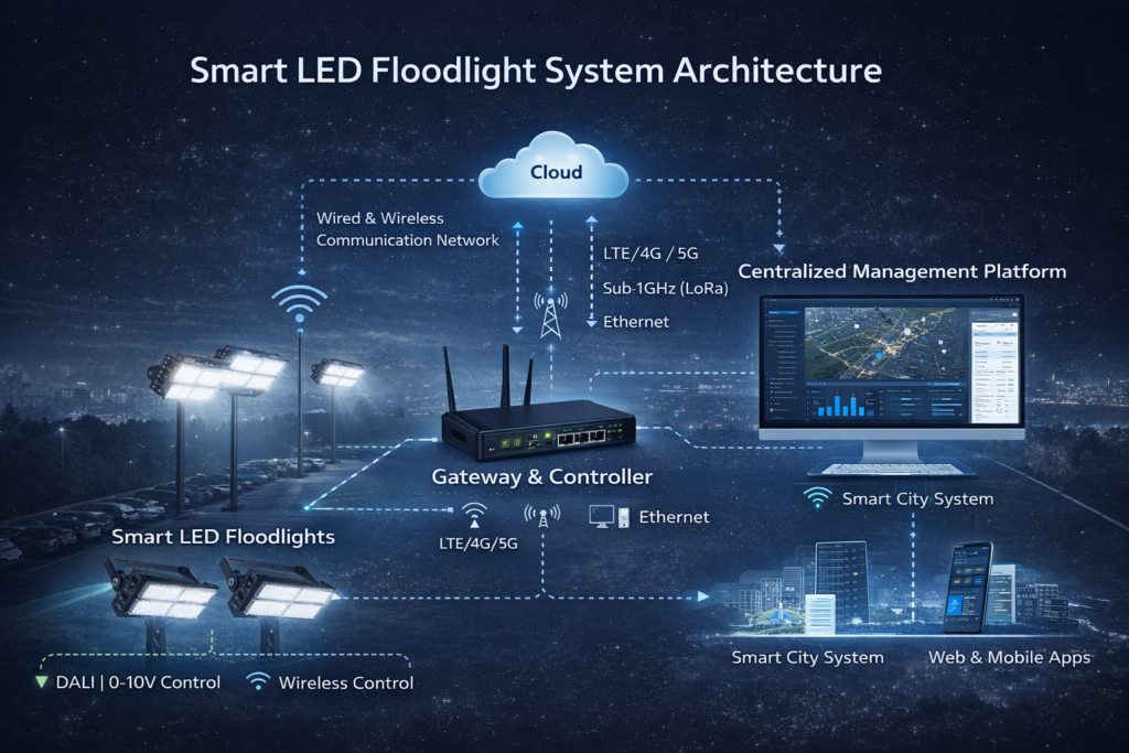 smart LED floodlight system architecture with gateway and cloud platform