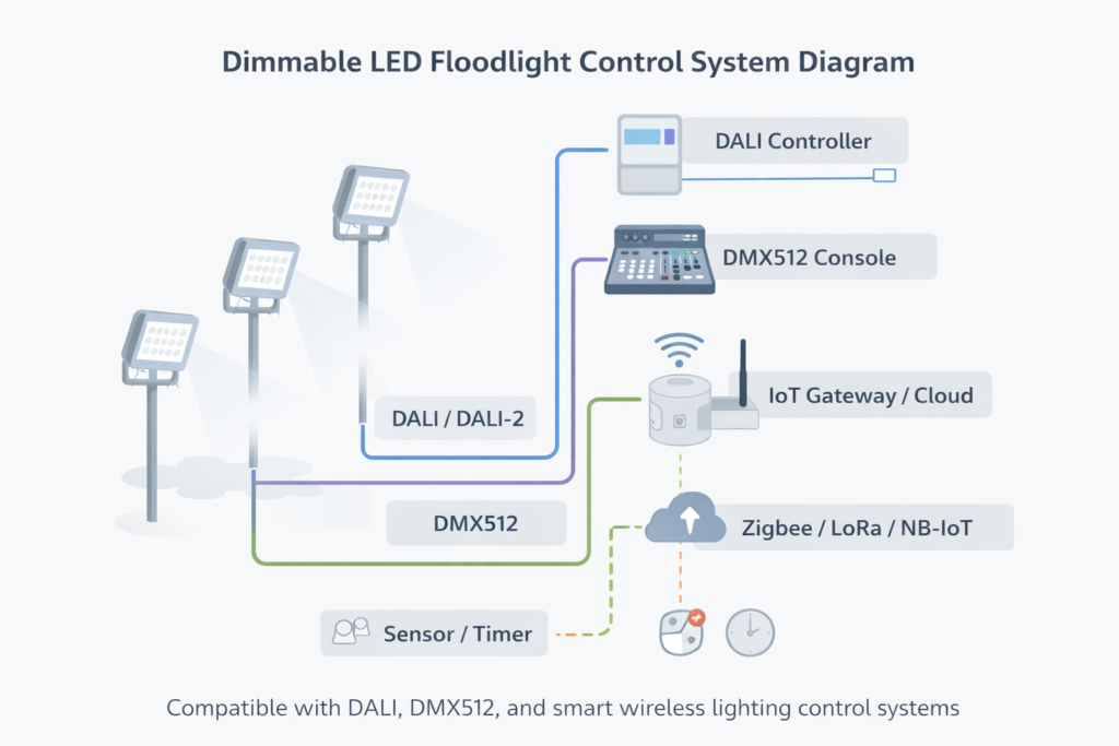 Dimmable LED floodlight control system diagram showing DALI, DMX512, and wireless smart lighting networks
