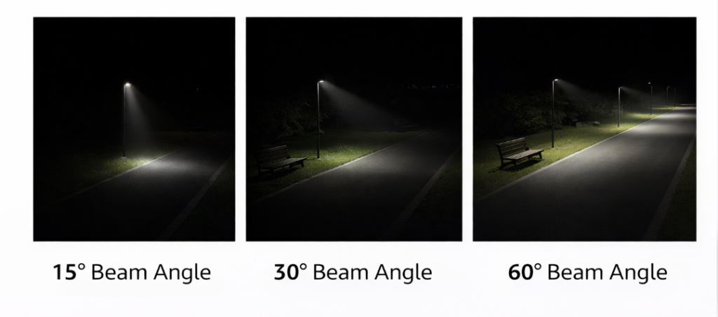 beam angle comparison 15 30 60 degree outdoor LED lighting coverage and distribution