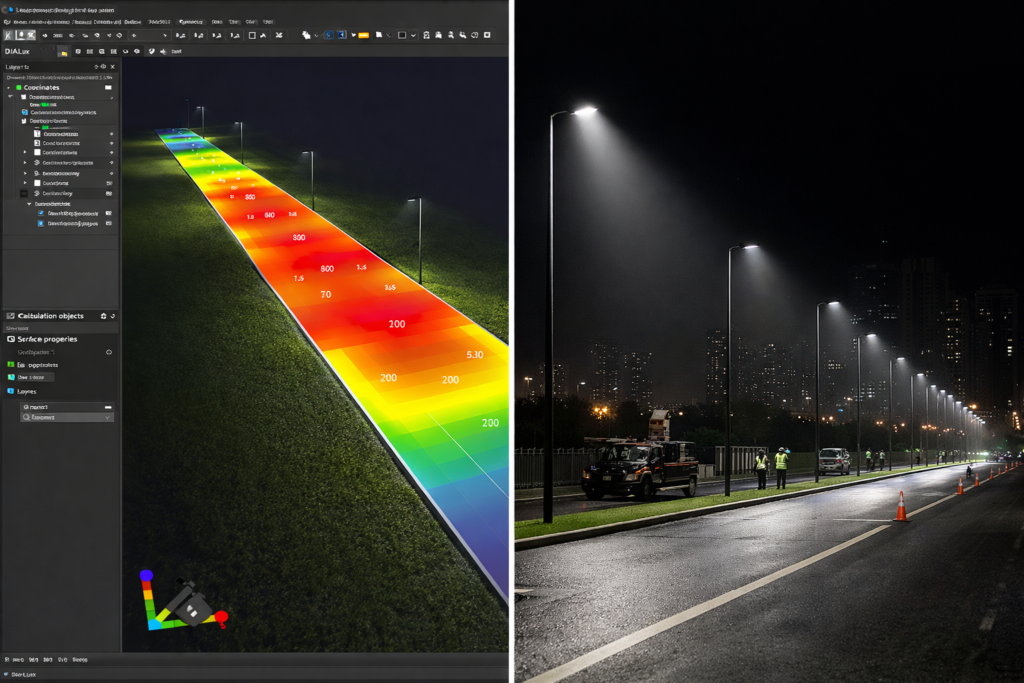 DIALux lighting simulation compared with real LED street lighting project showing illumination distribution and uniform road lighting
