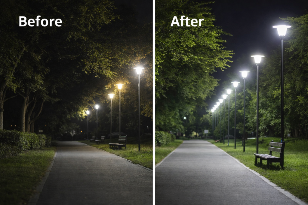 before and after LED street lighting comparison showing improved brightness and uniform illumination on outdoor pathway