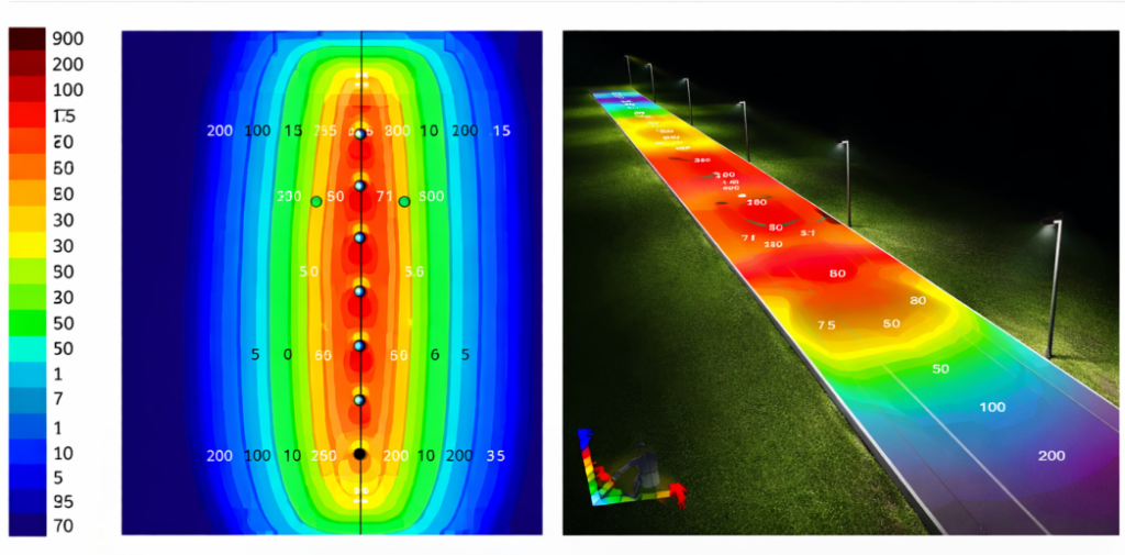 lux distribution diagram and DIALux simulation for outdoor road lighting design