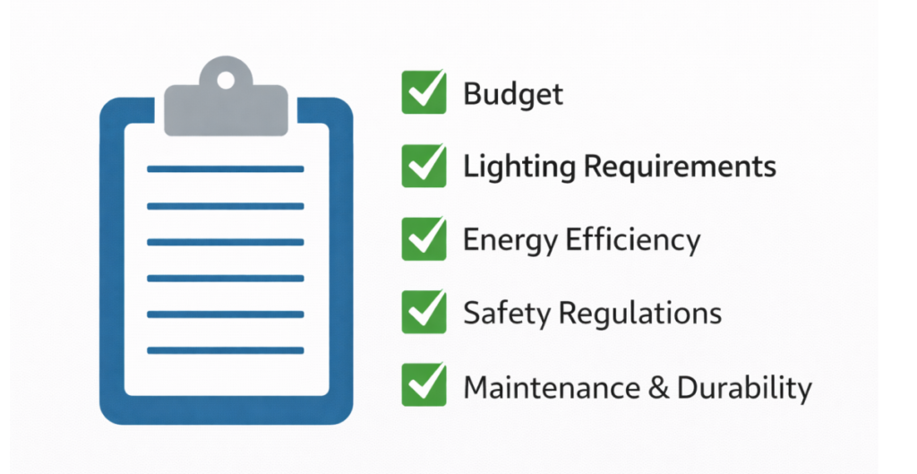 Outdoor lighting project checklist including budget planning, lighting requirements, energy efficiency, safety regulations, and maintenance considerations for commercial lighting projects