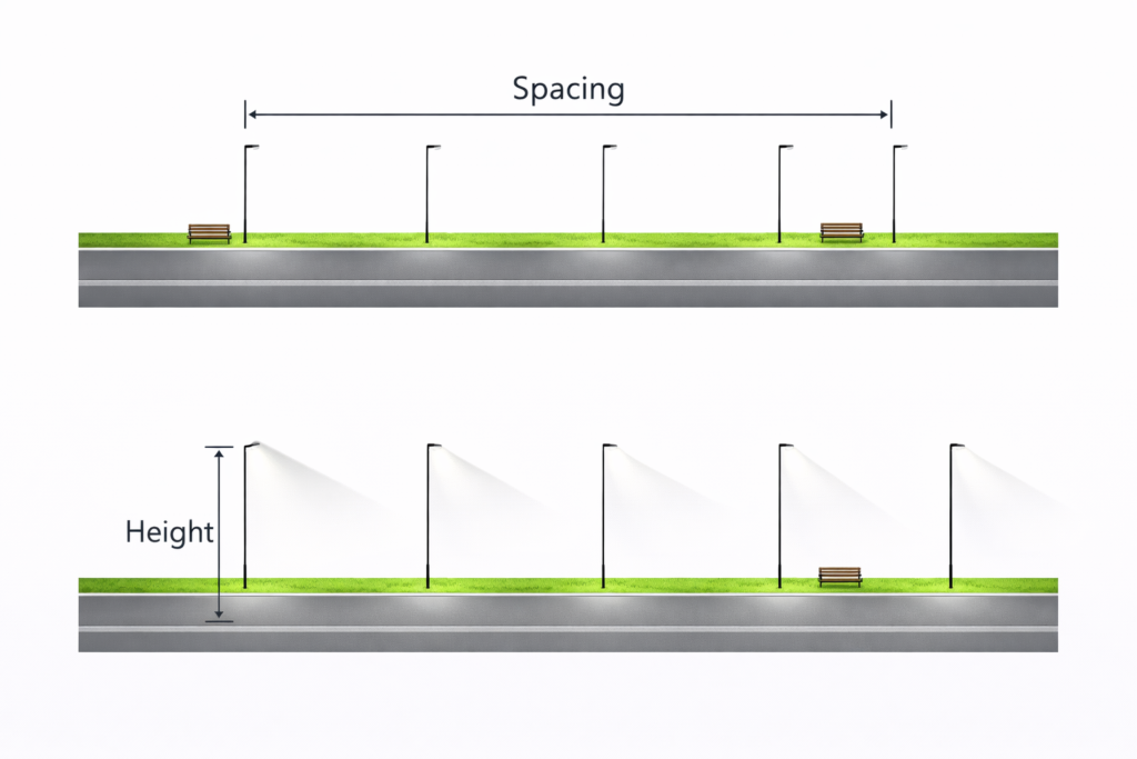street light pole height and spacing diagram for outdoor lighting layout and design planning