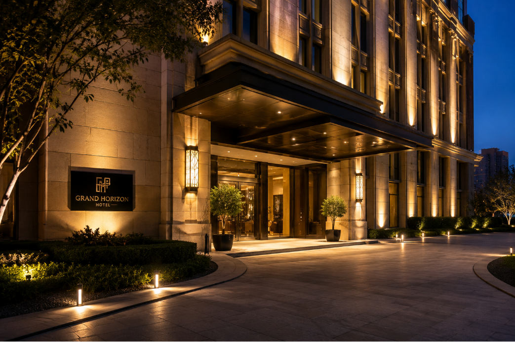 Hotel exterior architectural lighting