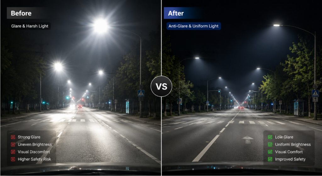 Before and after comparison of anti glare LED road lighting performance for safer roads