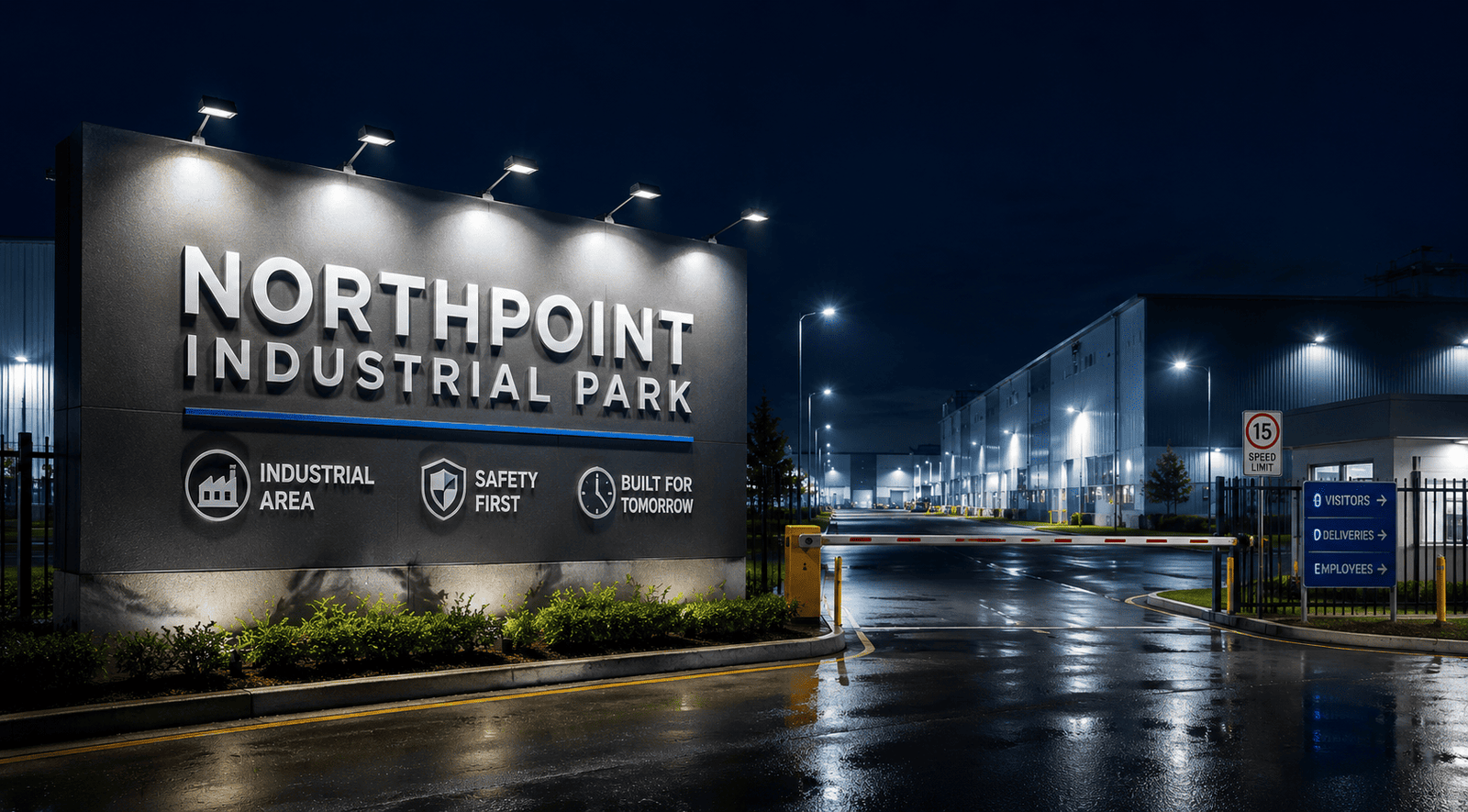Industrial park signage lighting