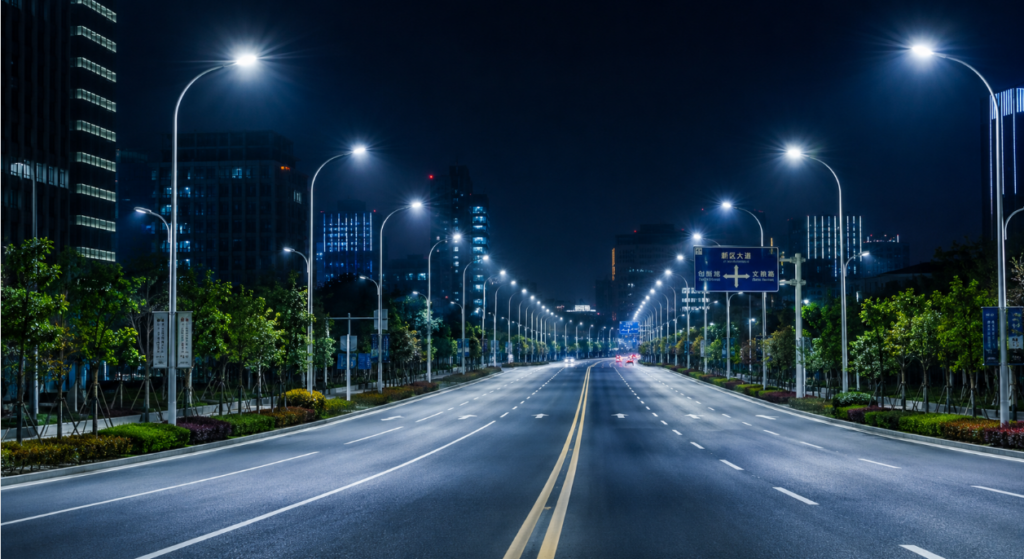 LED road lighting project on modern commercial city road with uniform cold white street lights
