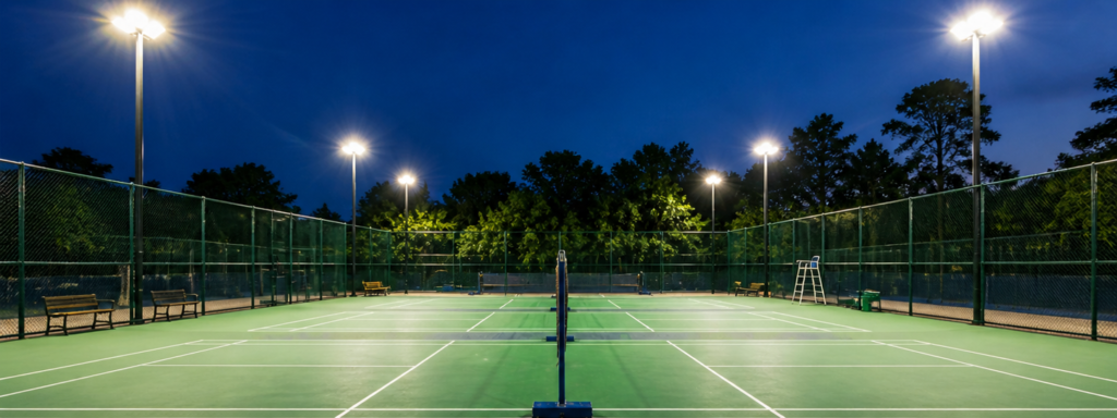 Commercial outdoor badminton court with LED sports lighting system for training and recreational play at night