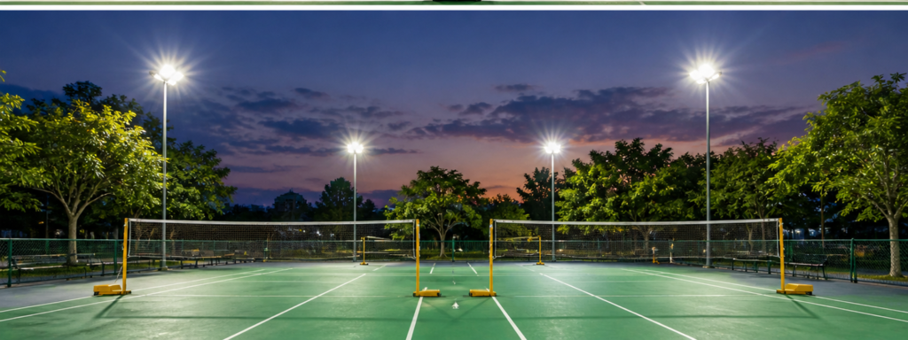 LED outdoor badminton court lighting project with high mast floodlights and uniform illumination for sports facilities