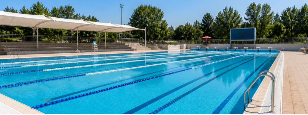 Commercial outdoor swimming pool lighting solution with high efficiency LED floodlights for sports venues