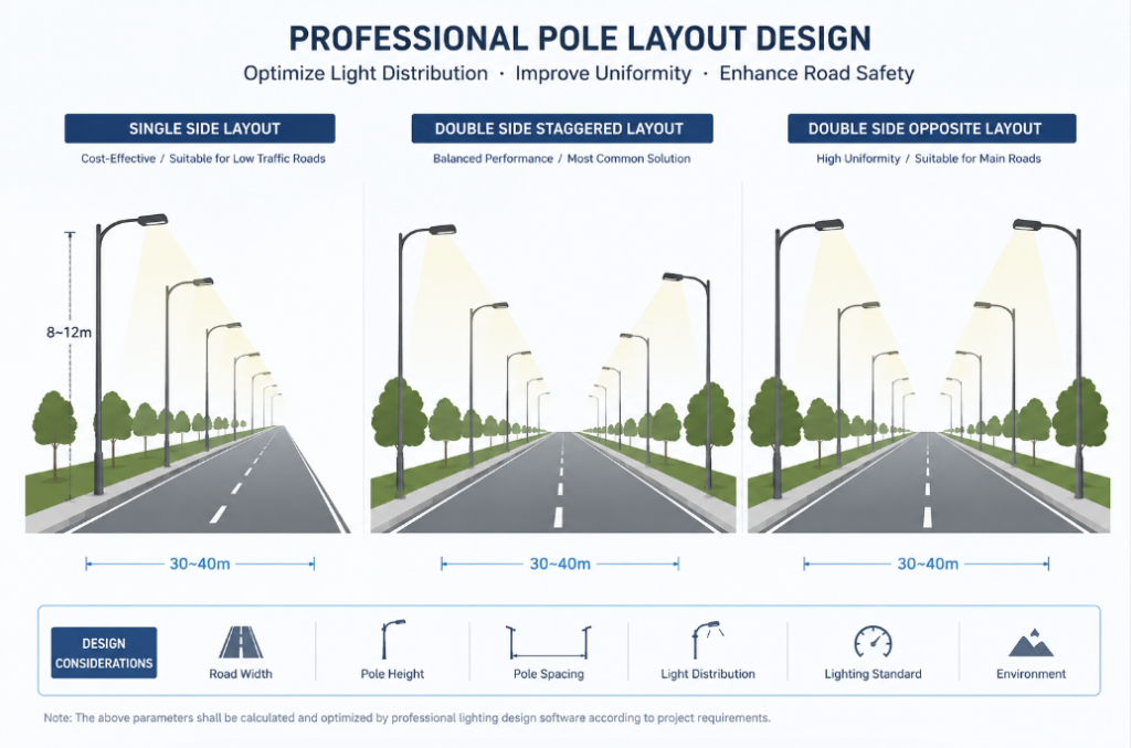 Professional street light pole layout design with single side and double side arrangement