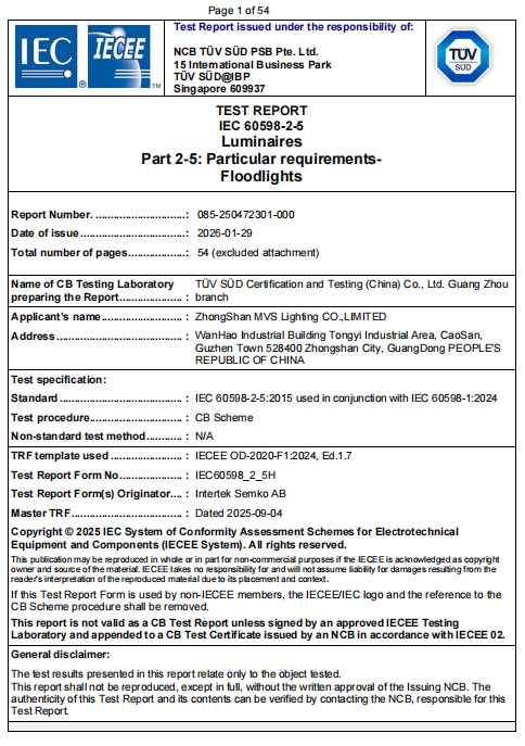 IEC 60598-2-5 CB test report for LED flood lights verifying safety performance and compliance with international luminaire standards