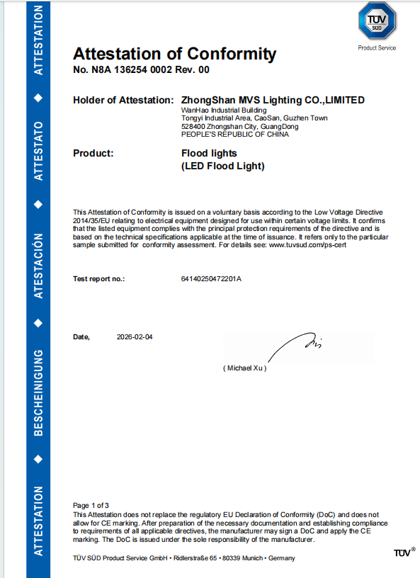 TÜV SÜD CE Attestation of Conformity for LED flood lights confirming compliance with EU electromagnetic compatibility and safety directives