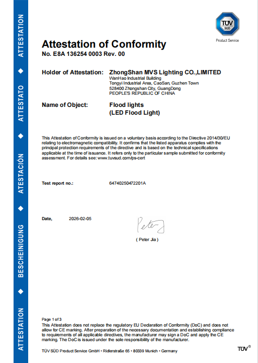 TÜV SÜD Attestation of Conformity certificate for MVS LED flood lights confirming EU LVD compliance for electrical safety standards