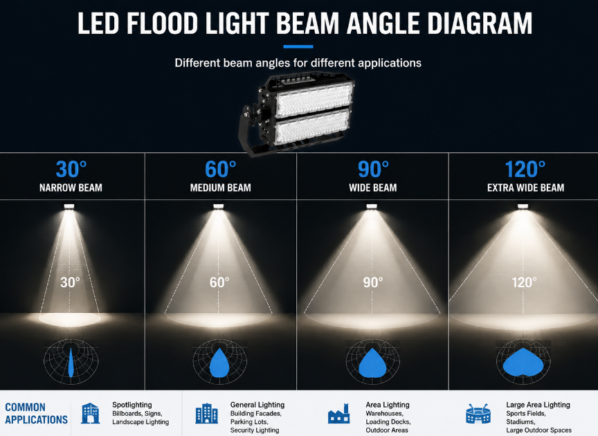 LED flood light beam angle diagram with 30°, 60°, 90° and 120° light distribution angles