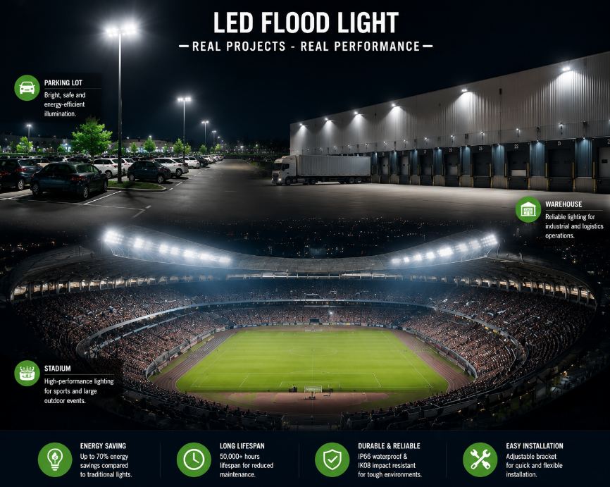 LED flood light real project applications in parking lot, warehouse and stadium lighting environments