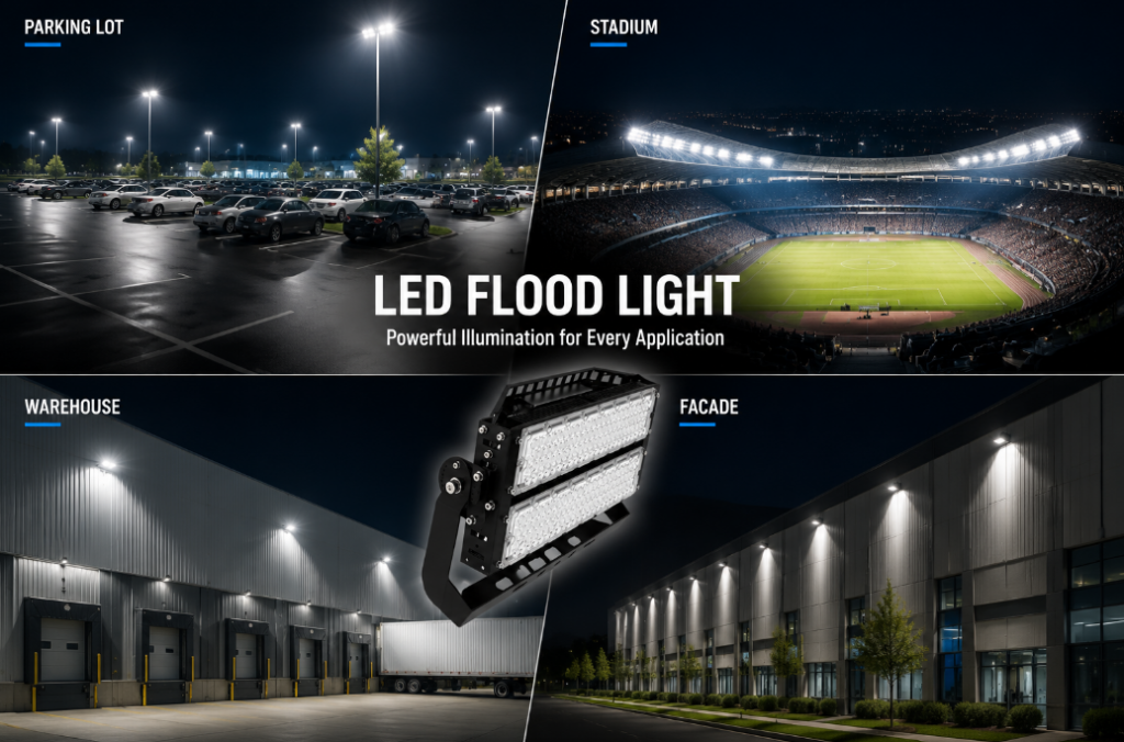 LED floodlight applications overview showing parking lot, stadium, warehouse, and building facade lighting scenarios with industrial LED floodlight