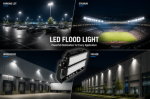 LED floodlight applications overview showing parking lot, stadium, warehouse, and building facade lighting scenarios with industrial LED floodlight
