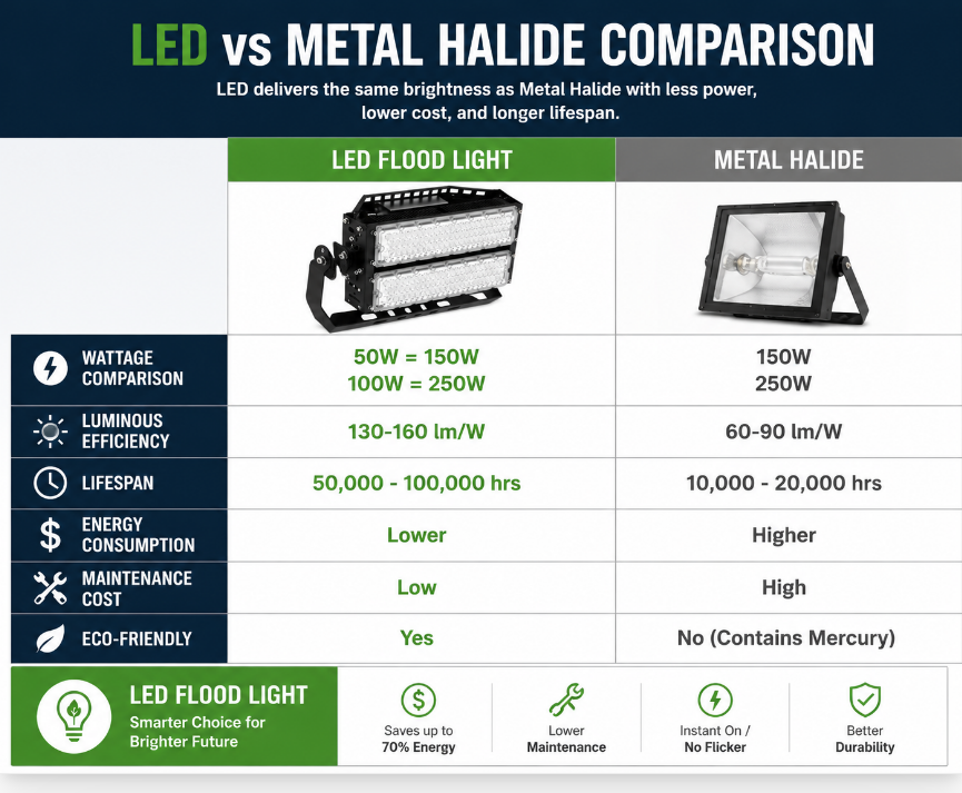LED vs metal halide comparison table for floodlights showing wattage, efficiency and lifespan differences