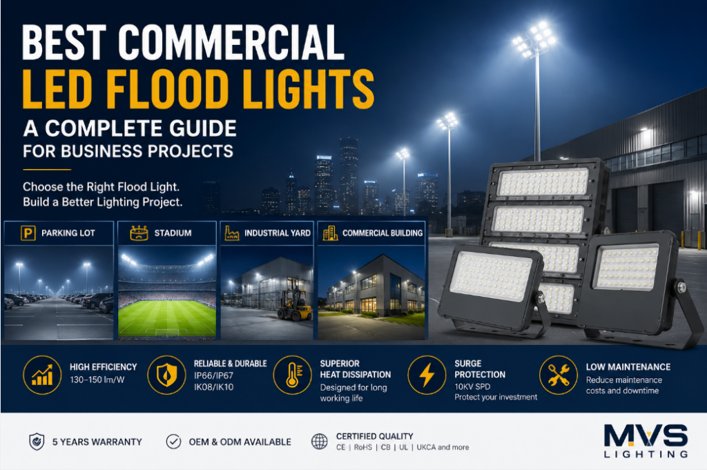 Best commercial LED flood lights guide showing parking lot, stadium, industrial yard, and commercial building lighting applications