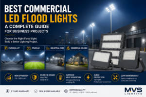Best commercial LED flood lights guide showing parking lot, stadium, industrial yard, and commercial building lighting applications