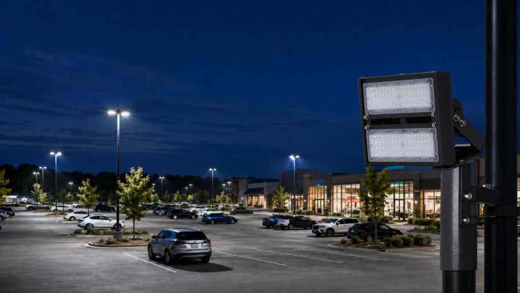 Commercial LED flood lights illuminating a parking lot