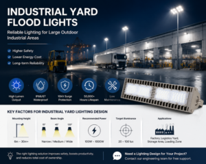Industrial yard flood lights providing LED illumination for large outdoor industrial areas
