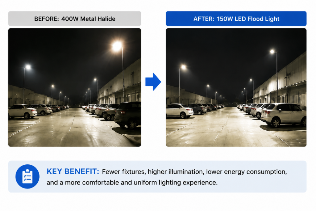 Parking lot lighting upgrade from 400W metal halide to 150W LED flood lights with improved lux distribution.