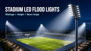 Stadium LED flood lights showing different mounting heights and beam angles across a football field