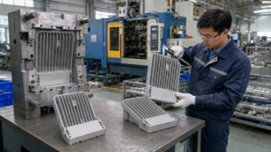 100W LED floodlight die-cast aluminum housing and mold inspection during production