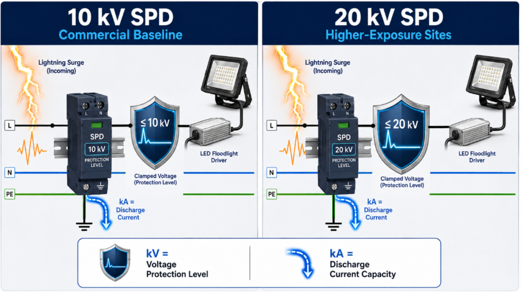 10kV vs 20kV SPD comparison showing voltage protection level and discharge current capacity